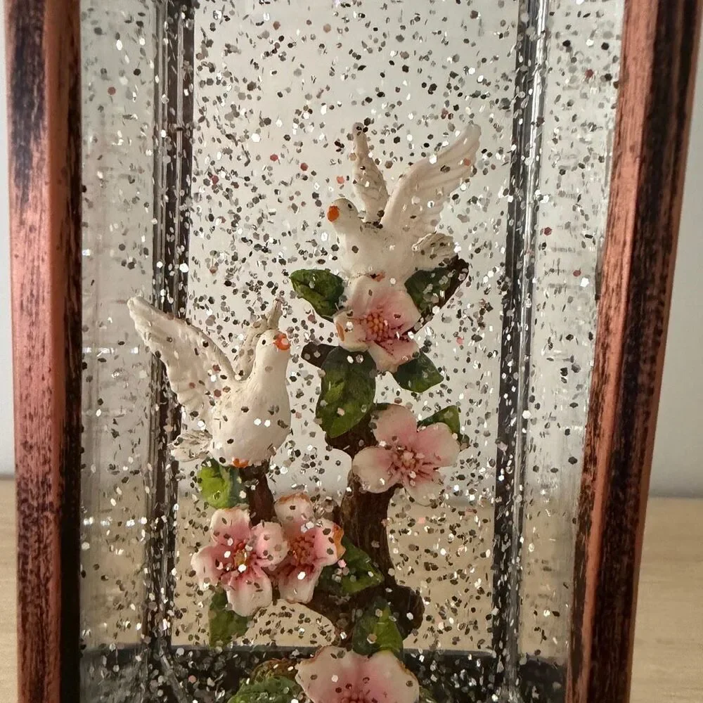 Textured Bronze Lantern Doves on Branch LED Metal Tabletop Christmas Water Snow